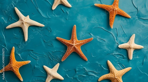 Shimmering starfish on a textured blue background