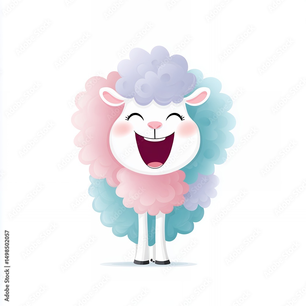 Fototapeta premium Happy Cartoon Sheep with Pastel Pink and Blue Fleece, Joyful Expression, White Background