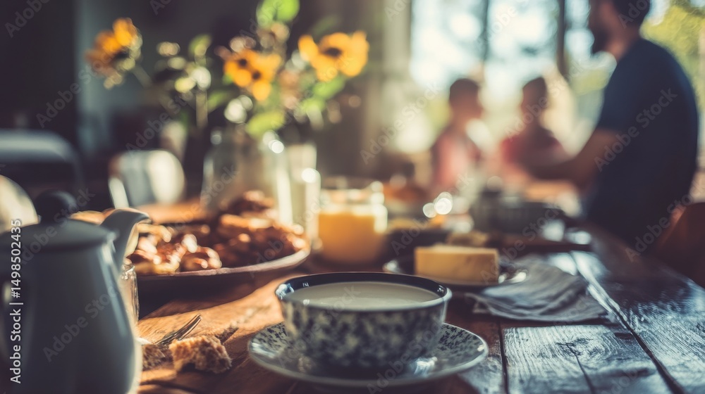 Cozy Breakfast Table Setting with Flowers and Warm Lighting Cozy Breakfast Table Setting with Flowers and Warm Lighting