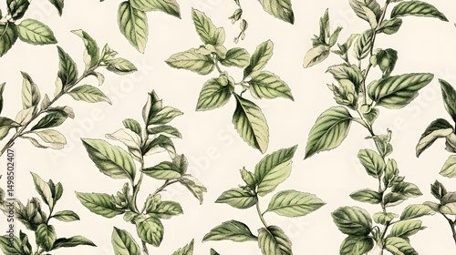 Detailed botanical illustration of herbs in a repeating pattern.