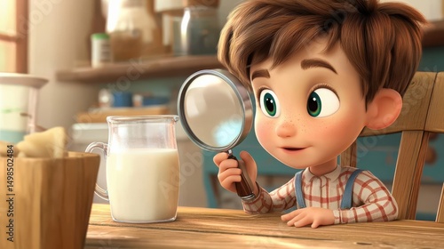 Curious child uses magnifying glass to explore milk in cozy kitchen
