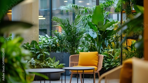 Indoor space filled with lush greenery and comfortable seating.