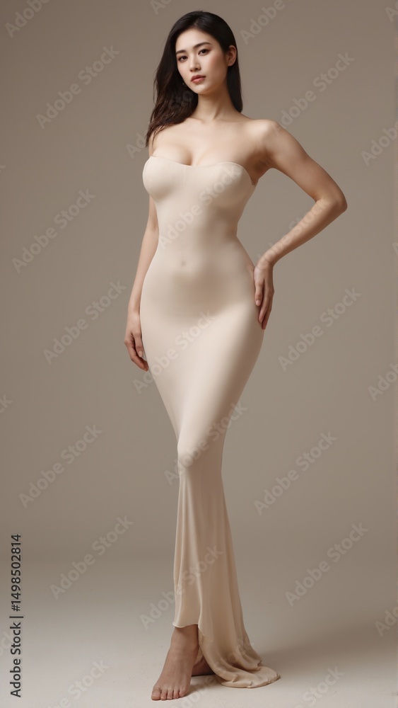 Fototapeta premium A beautiful Asian woman with long, dark hair poses in a flowing, beige, strapless maxi dress against a neutral background. Her pose is elegant and confident.