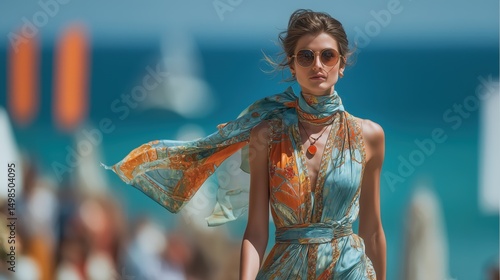high-fashion model walking down summer runway, scarf print dress flowing in wind