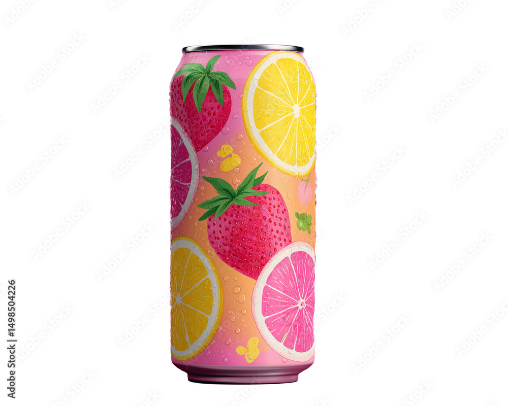 Obraz premium Isolate transparent, Strawberry Lemon Soda Can with Pastel Gradient and Fruit Pattern, fruit soda can, colorful fruit soda