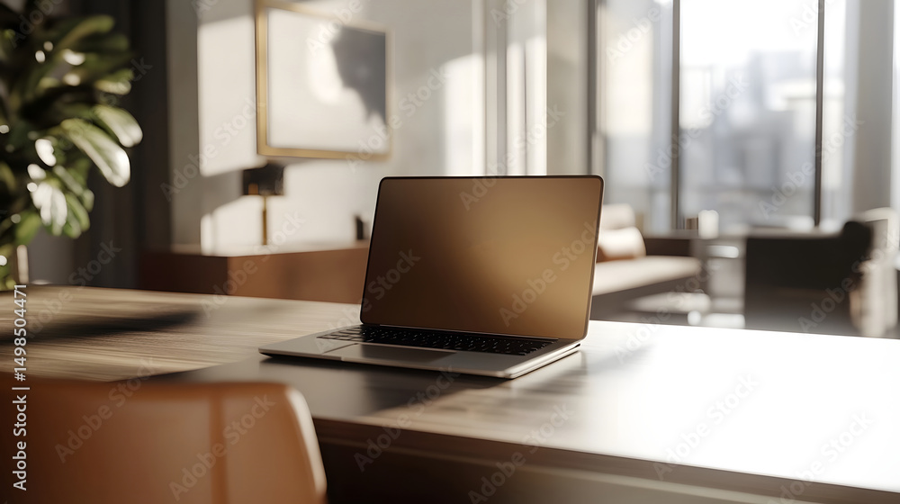 Minimalist laptop on a sleek, wooden desk in a tranquil workspace. Minimalist laptop on a sleek, wooden desk in a tranquil workspace.