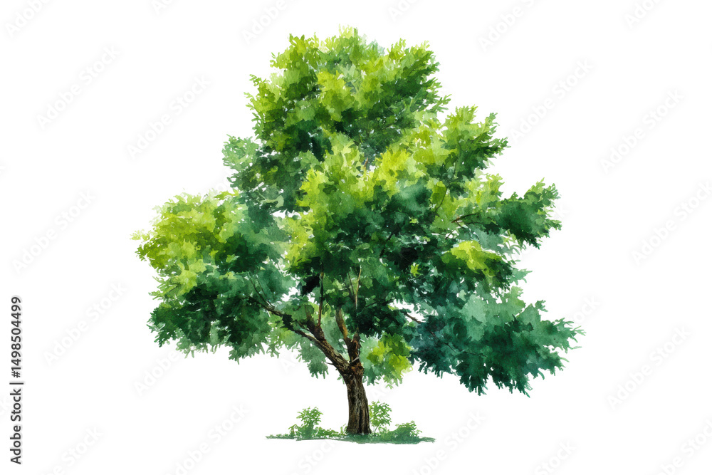 Fototapeta premium Lush green tree in watercolor art on black background, cut out
