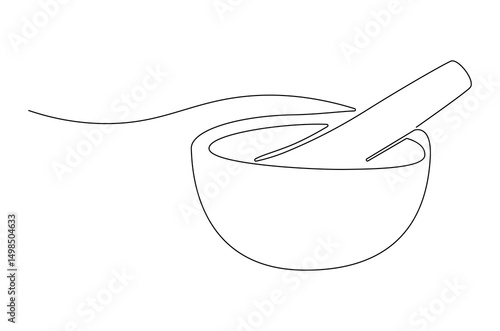 Continuous one line drawing of Mortar and pestle. Single line drawing illustration of Retro Mortar and Pestle. Bowl leaves therapy drug eco concept vector art. Doodle line illustration.