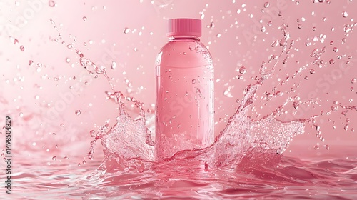 Pink water bottle surrounded by splashing liquid