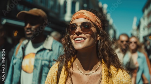 summer street fashion lookbook, candid shot of people in bright casual outfits, daylight 
