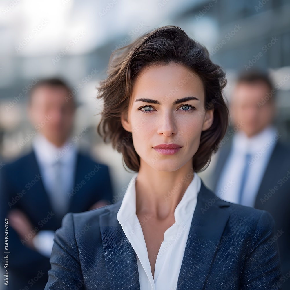 A poised and determined businesswoman stands tall and self assured ready to lead her team in a crucial meeting or presentation A poised and determined businesswoman stands tall and self assured ready to lead her team in a crucial meeting or presentation