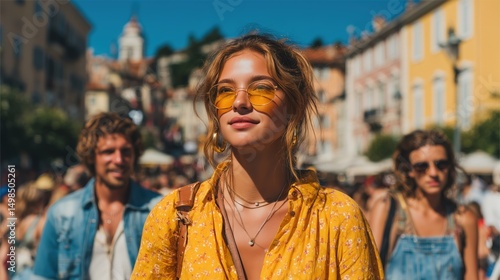 summer street fashion lookbook, candid shot of people in bright casual outfits, daylight 