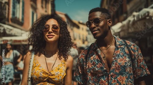 summer street fashion lookbook, candid shot of people in bright casual outfits, daylight 