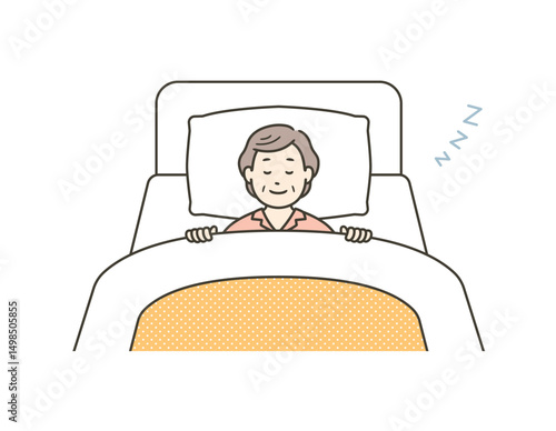 ベッドで笑顔で熟睡するパジャマ姿の高齢女性のイラスト