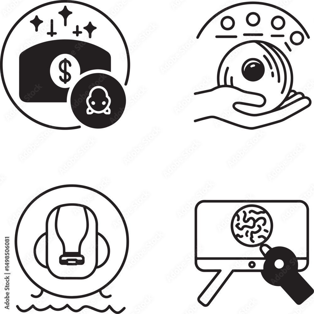 Naklejka premium Four black and white silhouette icons illustrating concepts of finance data and technology