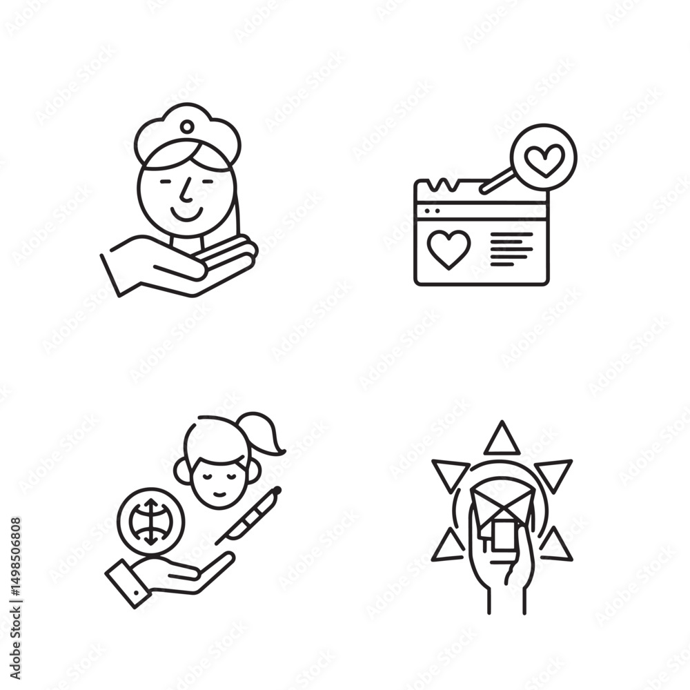 Four simple linear silhouette icons representing caring connection and worldwide communication Four simple linear silhouette icons representing caring connection and worldwide communication