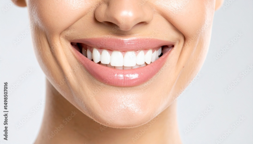 Fototapeta premium Close up of a woman smiles with beautiful white teeth without show whole face
