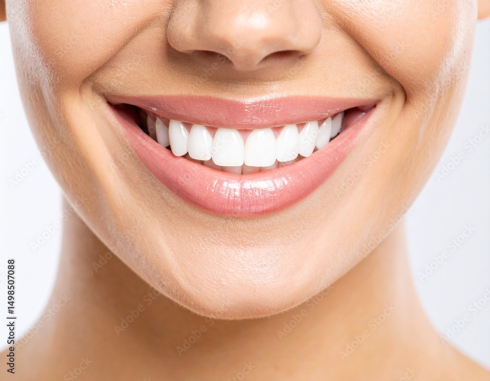 Obraz premium Close up of a woman smiles with beautiful white teeth without show whole face