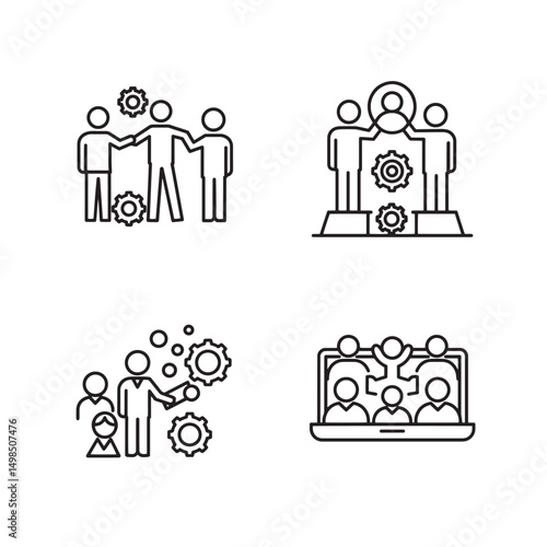 Minimalist icons representing teamwork collaboration innovation business solutions and online meetings