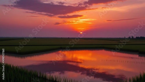 Sunset Reflection in Rice Paddy Fields, Golden Hour Serenity