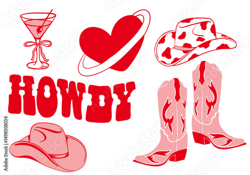 Howdy Cowgirl vector Cowgirl boots, cowgirl hat, cow print, heart, Martini, Bachelorette Party Invite< birthday party Invitation
