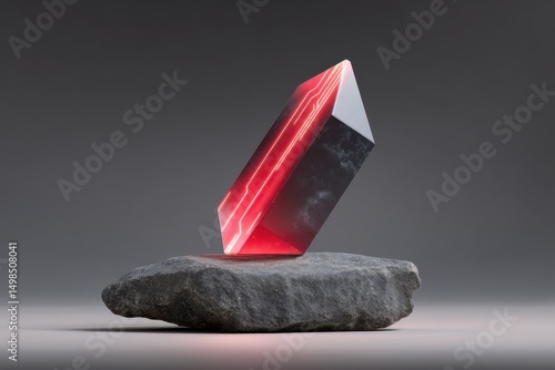 A striking geometric sculpture featuring a vibrant red gemstone like crystal structure embedded in a raw dark colored material creating a futuristic and technological visual
