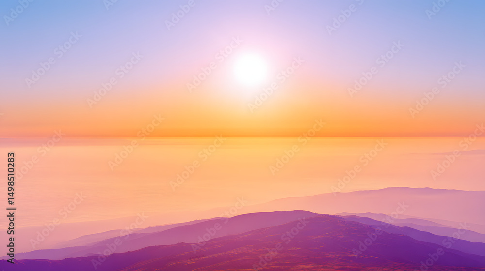 Fototapeta premium Golden sunset over a serene landscape, warm light through clouds, orange and purple hues blending in harmony