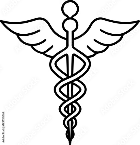 caduceus medical symbol outline line art illustration, coloring book page
