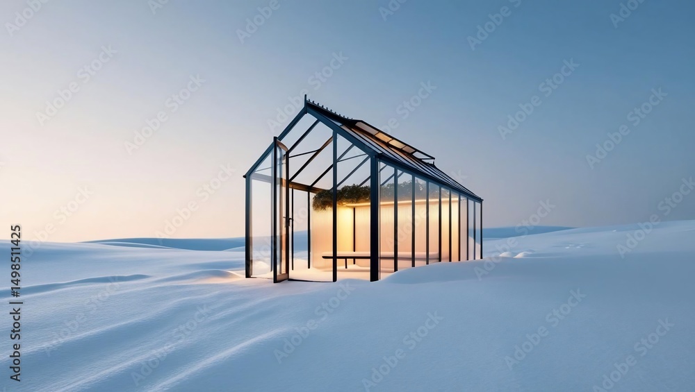 Fototapeta premium Snowy Greenhouse: A Serene Winter Oasis under Soft Sky