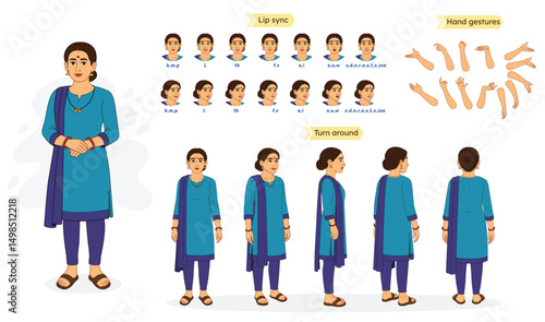 An Indian Woman Character Constructor. Indian Woman Creation Set. Indian Woman Character Model Sheet with Lip Sync, Hand Gestures. Indian Woman in Suit & Salwar. 