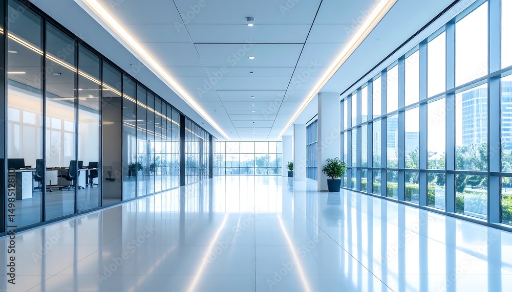 Obraz premium Modern Office Hallway with Large Windows and Reflection Business Architecture.