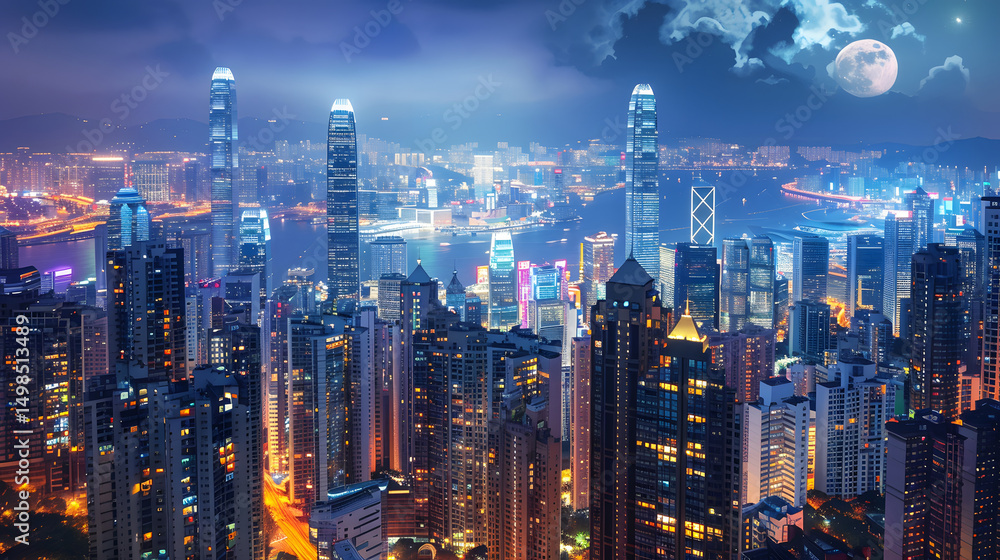 Fototapeta premium A Night view of a modern densely