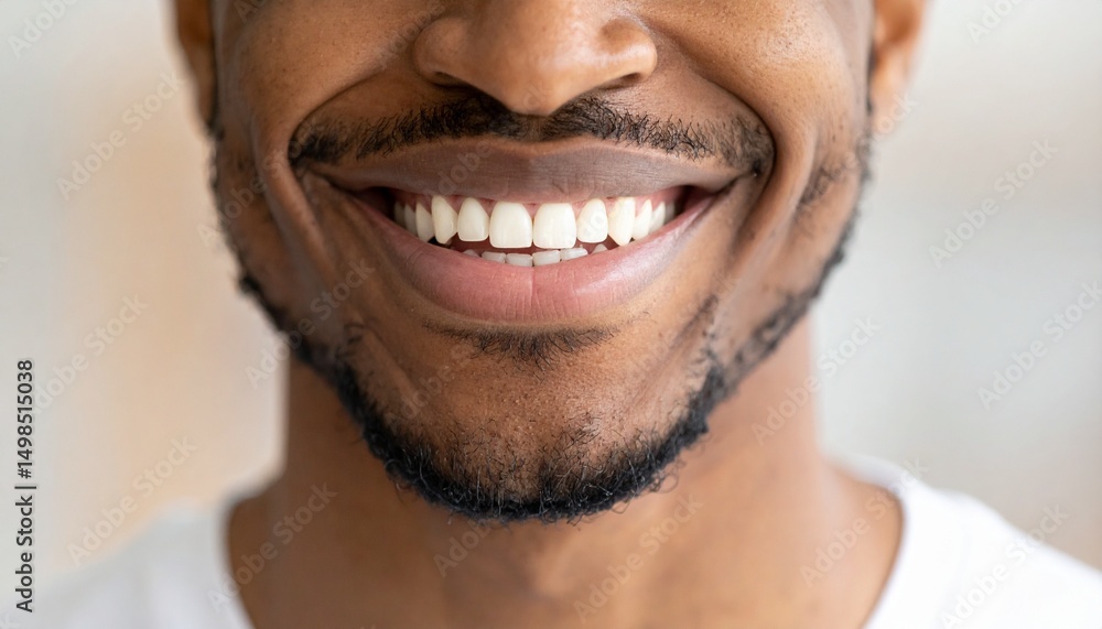 Fototapeta premium Close up of man smiles with beautiful white teeth without show whole face.