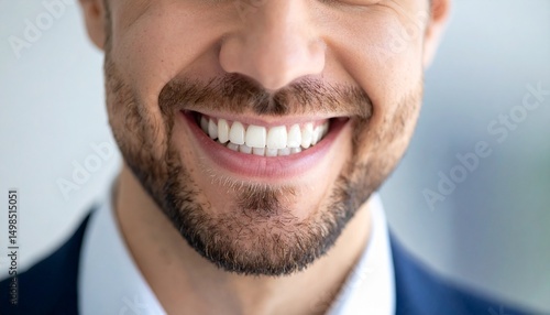 Close up of man smiles with beautiful white teeth without show whole face.
