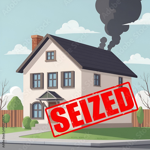 House is labelled as seized - insolvency leading to confiscation and seizure of real estate, property, house and residential building. Illustration.