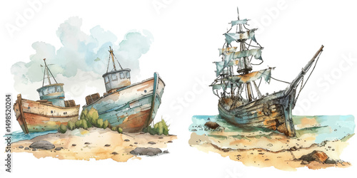 shipwreck on shore watercolor vector illustration