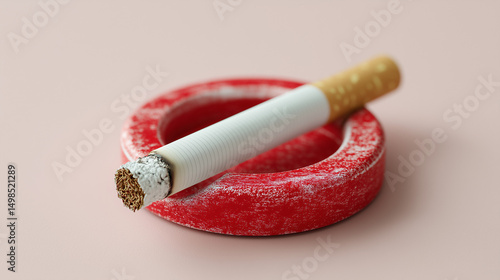 Cigarette resting on an ashtray: A single lit cigarette rests upon a red ashtray. A simple, yet striking composition emphasizes the subject against a soft pastel backdrop.