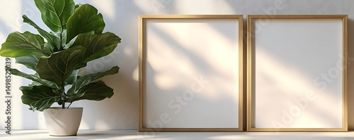 Plant, frames, sunlit room, mockup