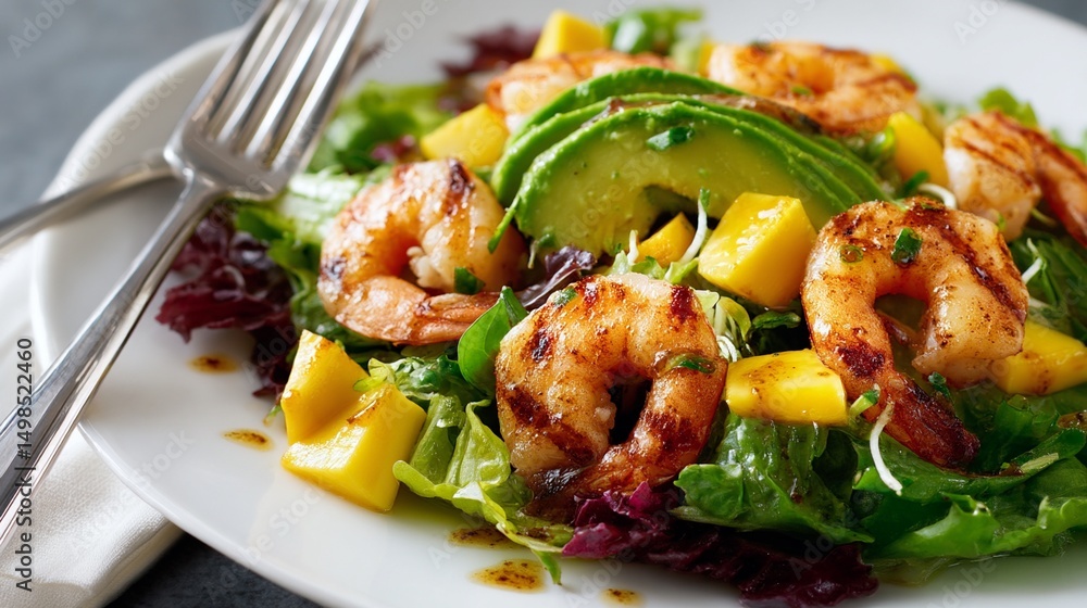 Fresh Shrimp Salad with Mango and Avocado on Lettuce with Lemon Dressing and Silver Fork on White Plate in Close-Up Fresh Shrimp Salad with Mango and Avocado on Lettuce with Lemon Dressing and Silver Fork on White Plate in Close-Up