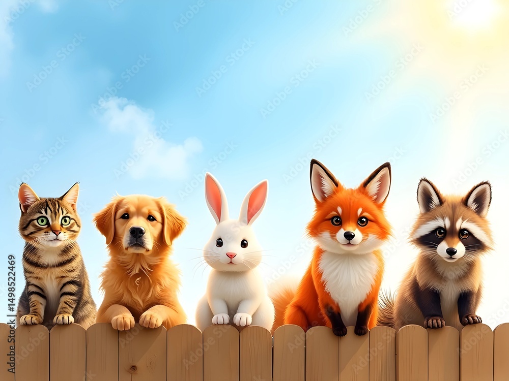 Fototapeta premium Warm illustration of cute cartoon animals gathered on a fence.