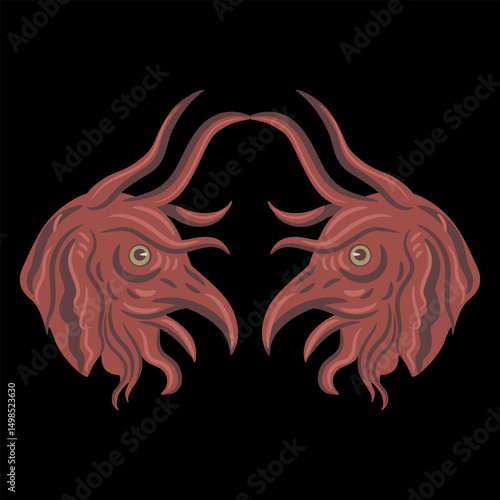 Symmetrical design with two heads of fantastic demons or monsters. Medieval European illuminated manuscript motif. Red ornament on black background.