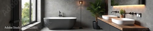 Sleek modern bathroom featuring exposed industrial pipework as a striking design element The plumbing is a focal point, contrasting with clean, minimalist fixtures , style, aesthetic, interior design