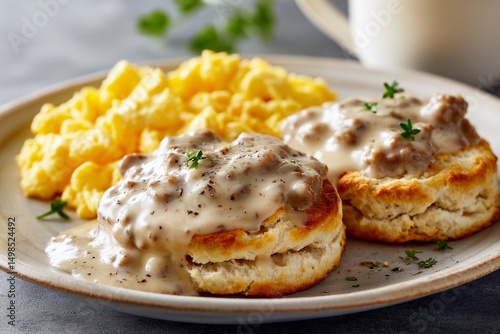 Delicious breakfast plate featu fluffy scrambled eggs with creamy sausage gravy and perfectly cooked biscuits garnished with fresh herbs on a rustic table