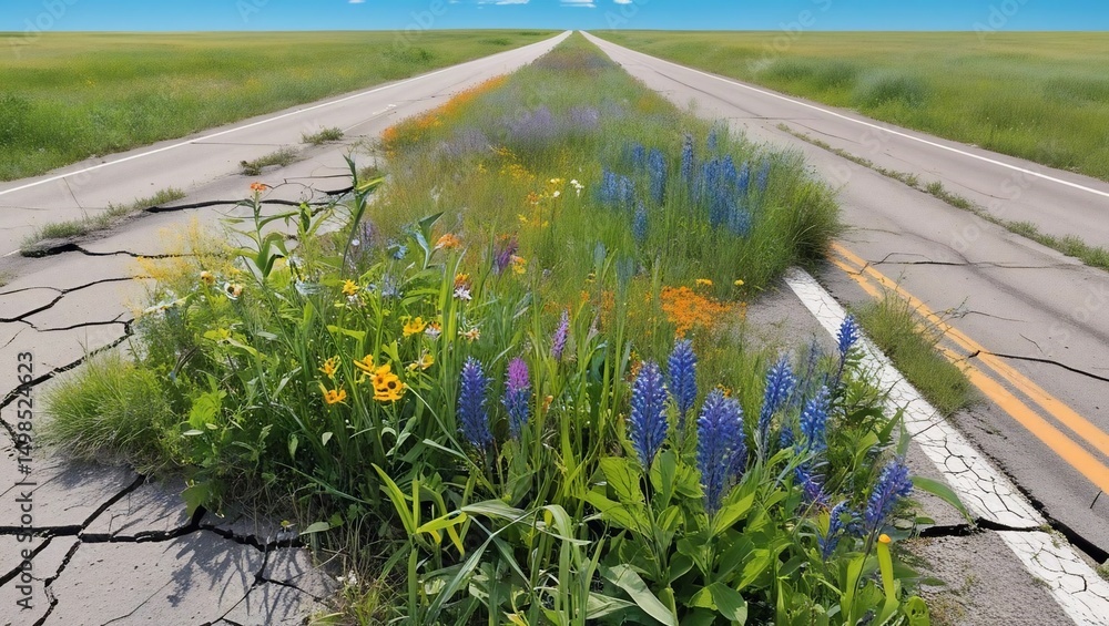 Obraz premium The Road to Renewal: Nature's Reclamation of a Cracked Highway