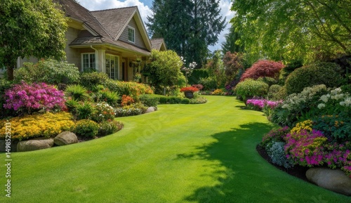 House with beautiful lawn and garden landscape