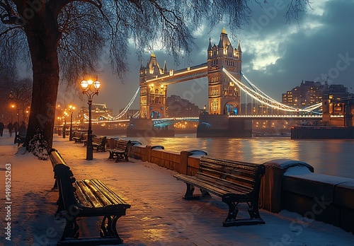 Illuminated tower bridge london scene during snowy winter season with scenic atmosphere.