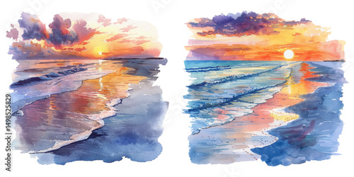sunset beach watercolor vector illustration