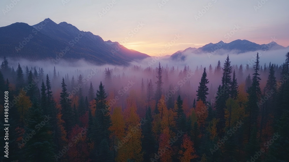 Obraz premium Misty mountain valley at autumn sunset