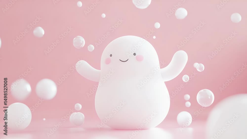 Playful white cartoon character surrounded by floating bubbles on a soft pink background Playful white cartoon character surrounded by floating bubbles on a soft pink background