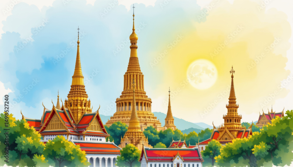 Fototapeta premium Vibrant watercolor painting of Bangkok grand temples, showcasing intricate architecture